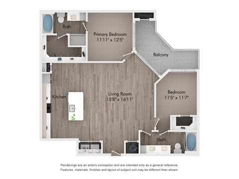 Floor plan for 2 beds, 2 baths, 1201 sqft